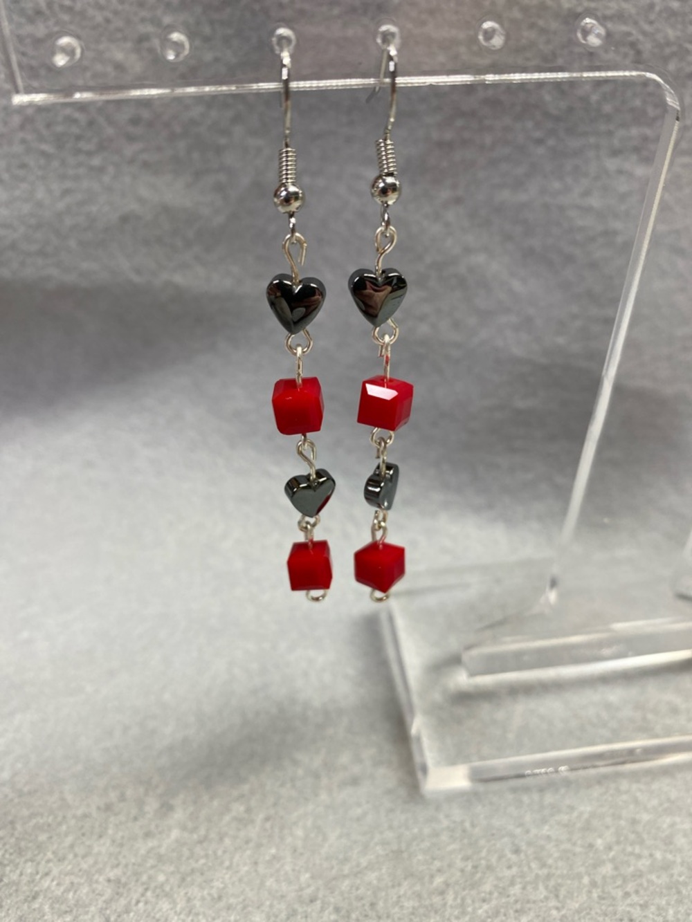 ⭐️HANDMADE Red Cube & Hematite Heart Drop Earrings - Women Jewelry